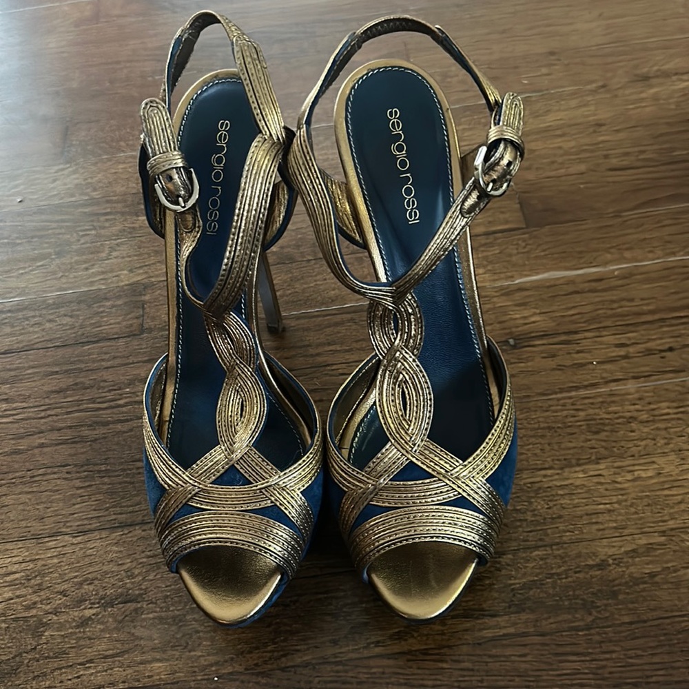 Sergio Rossi Blue and Bronze Metallic strap sandal heels